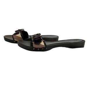 BURBERRY WOMEN CHECK BLACK PATENT LEATHER BUCKLE SLIDES CLOGS FLAT SANDALS - 39